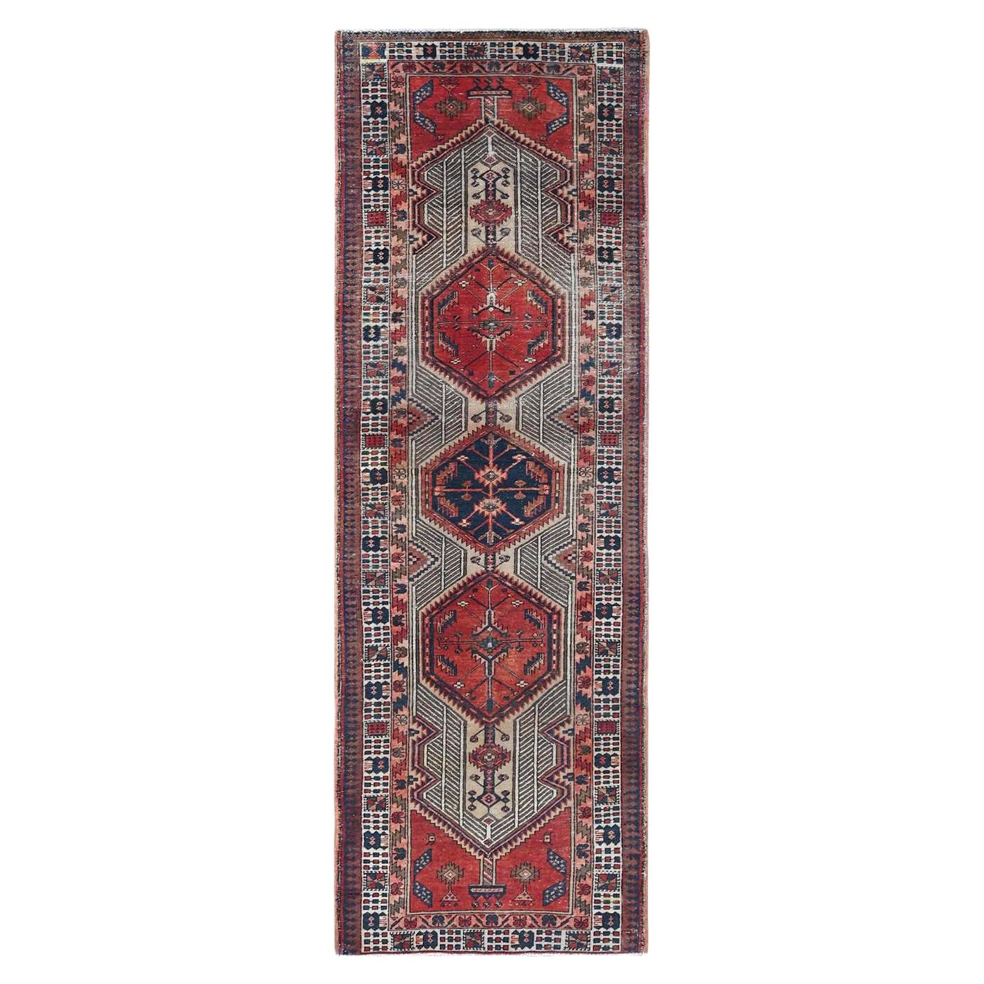 Ivory with Red Vintage Persian Serab Distressed Pure Wool Clean Hand Knotted Rug For Sale