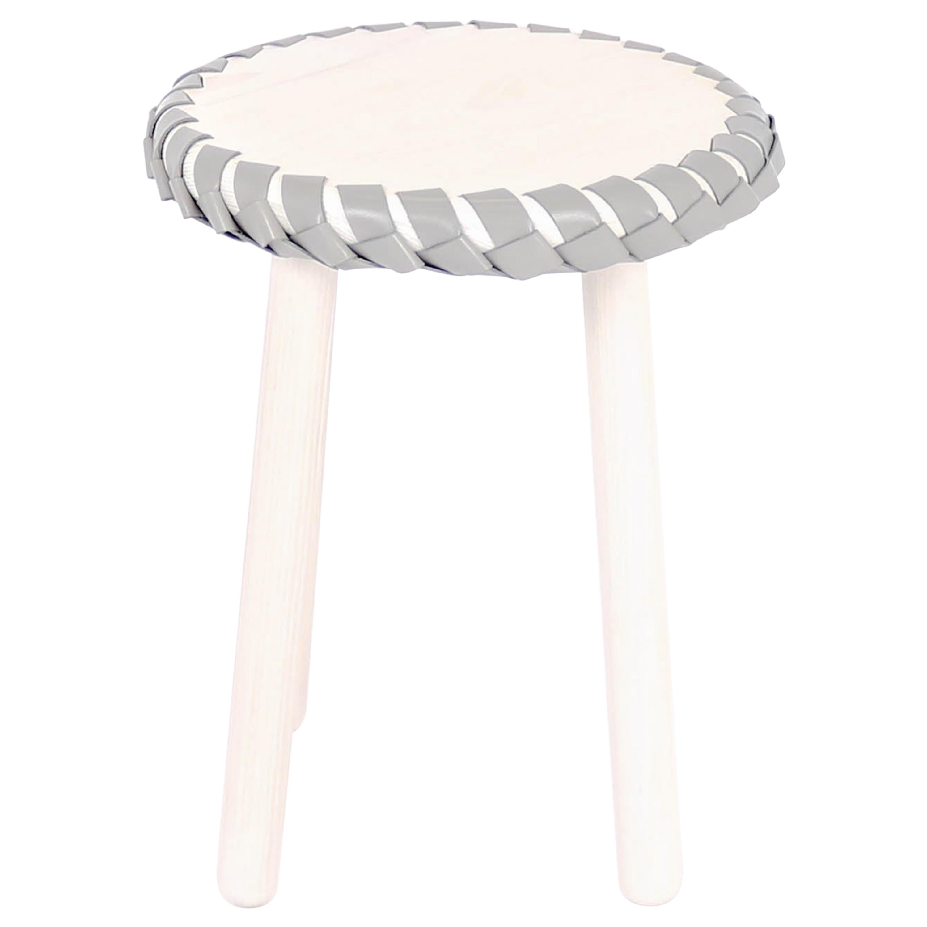 Ivory Wood Stool/Table Braided with Gray Leather by Debra Folz