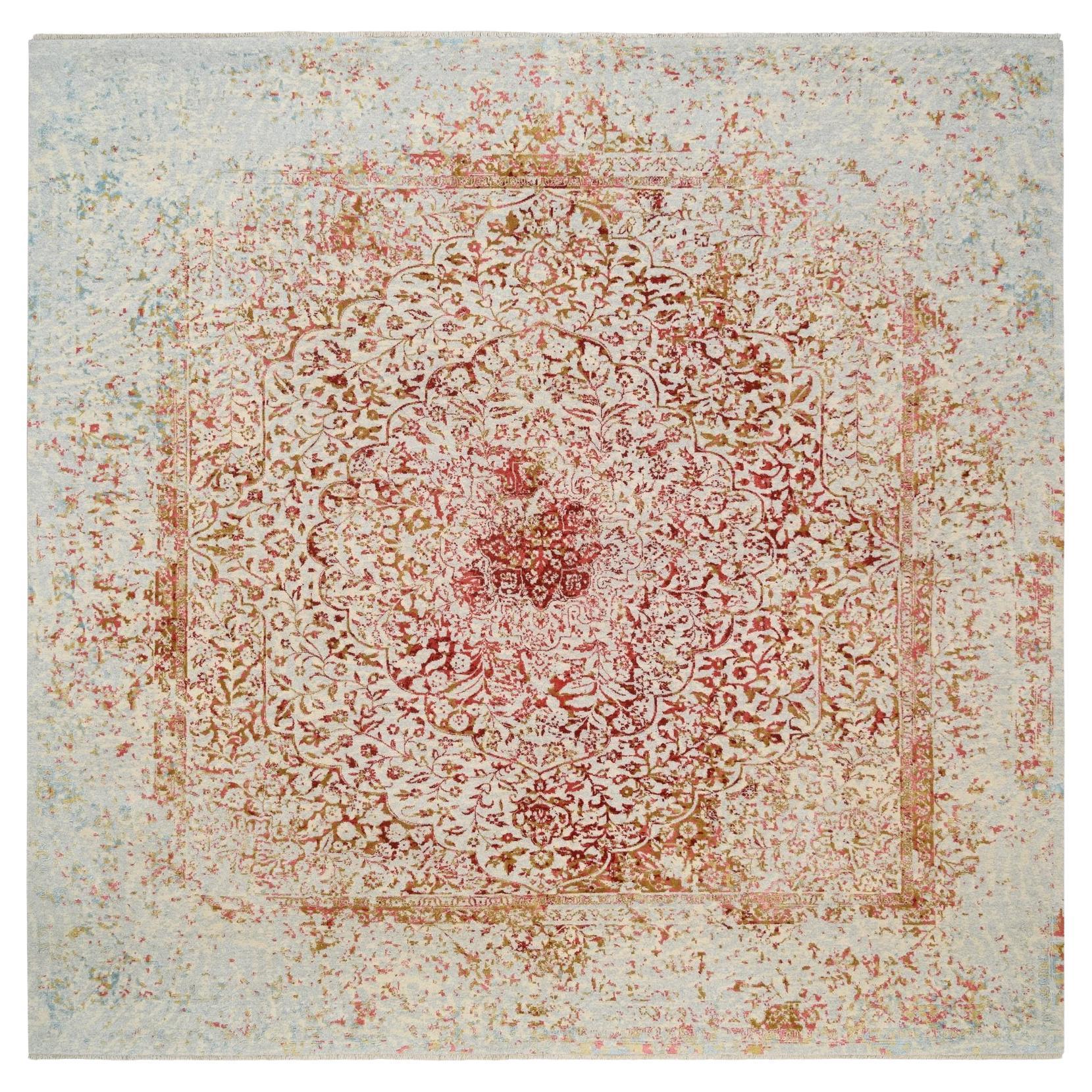 Handgeknüpfter quadratischer Orientteppich aus elfenbeinfarbener Wolle und reiner Seide in persischem Design 10'x10' im Angebot