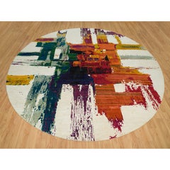 Ivory Wool and Silk Hand Knotted Modern Abstract Design Round Rug 13'8" x 13'8"