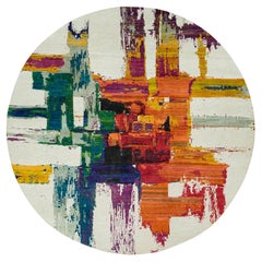 Tapis rond au design abstrait moderne noué à la main, ivoire, 13'8" x 13'8"
