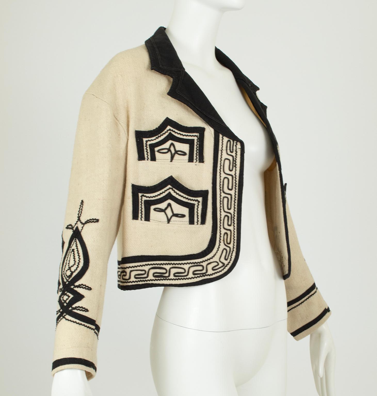 White Ivory Wool Guatemalan Bat Jacket with Black Soutache Trim – S - M, 1971 For Sale