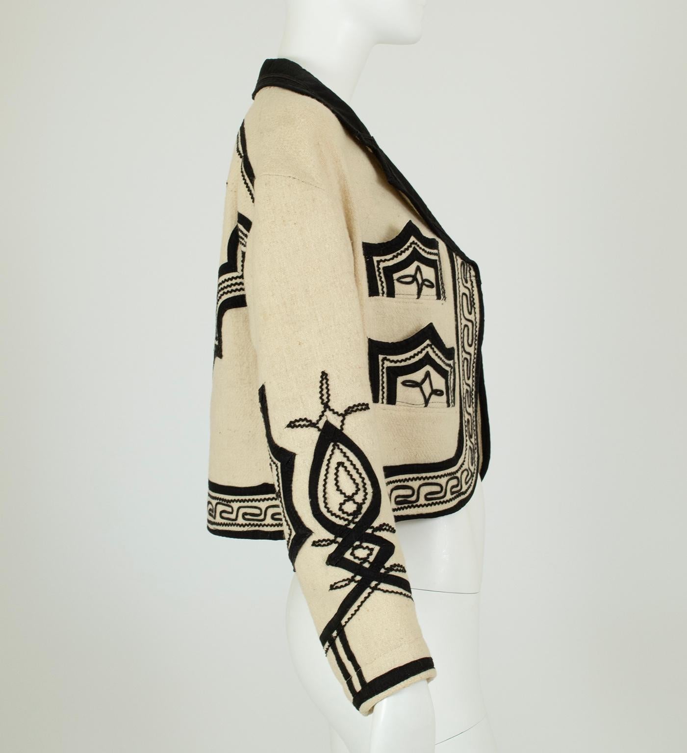 Ivory Wool Guatemalan Bat Jacket with Black Soutache Trim – S - M, 1971 In Good Condition For Sale In Tucson, AZ