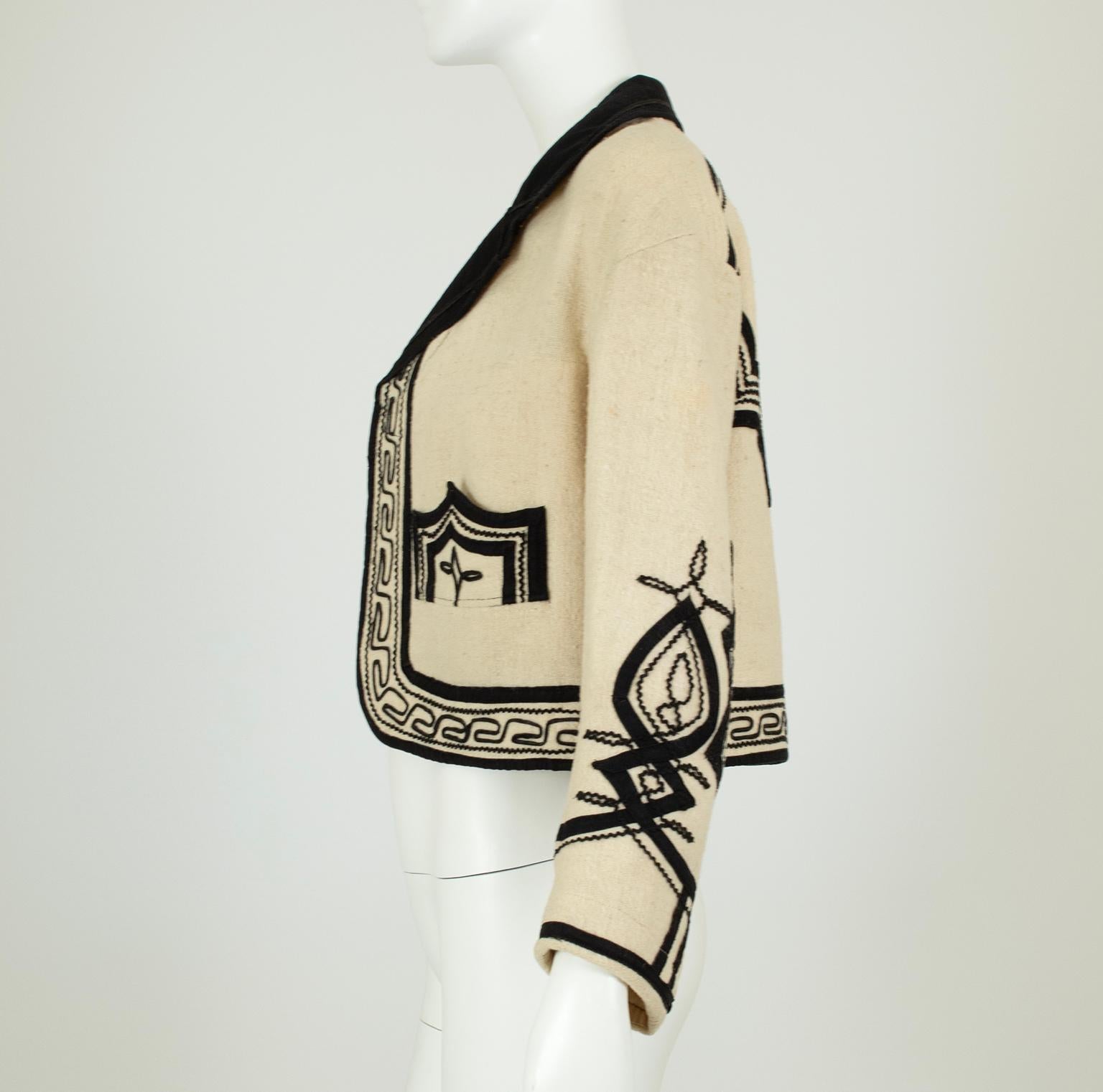 Women's Ivory Wool Guatemalan Bat Jacket with Black Soutache Trim – S - M, 1971 For Sale