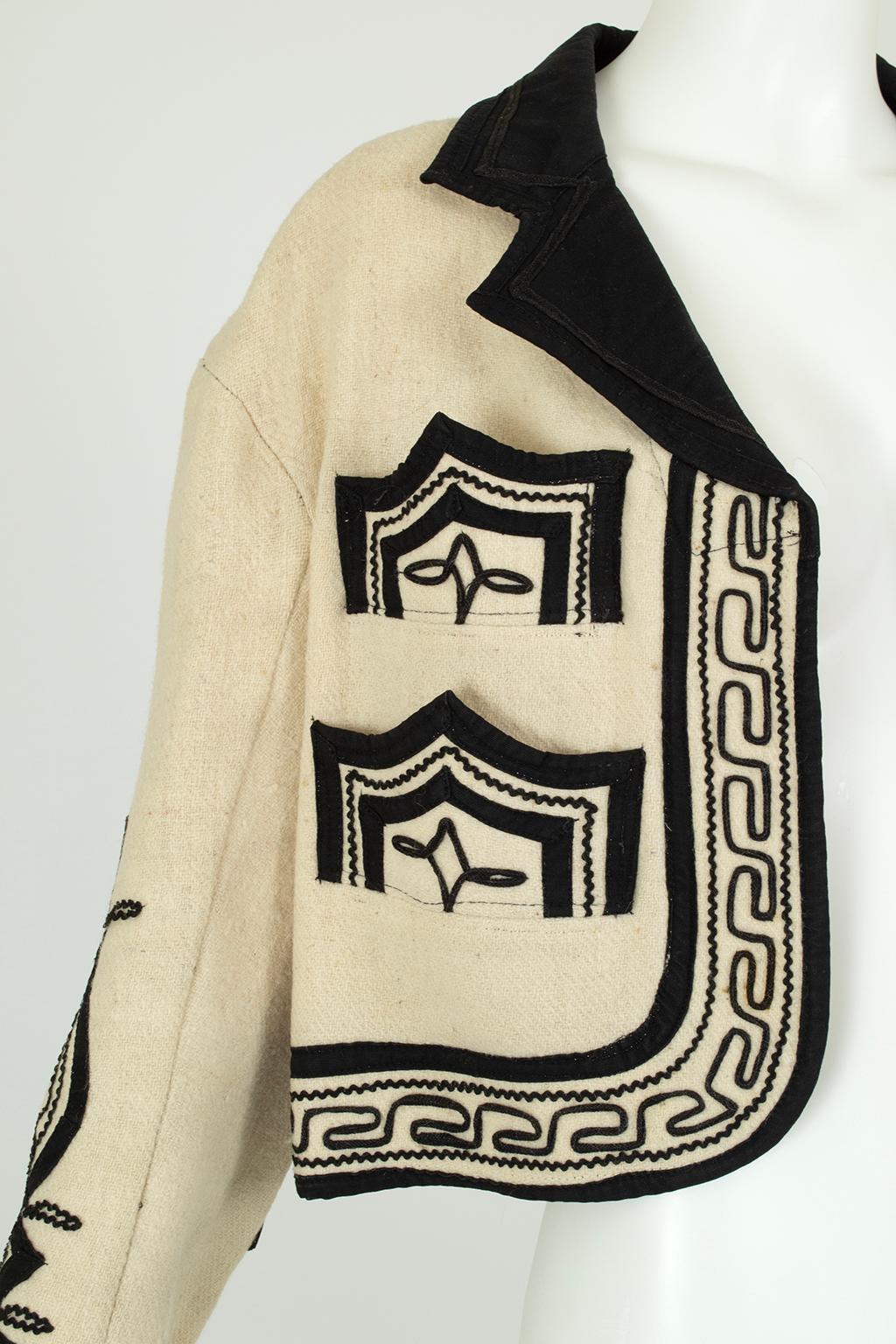 Ivory Wool Guatemalan Bat Jacket with Black Soutache Trim – S - M, 1971 For Sale 1