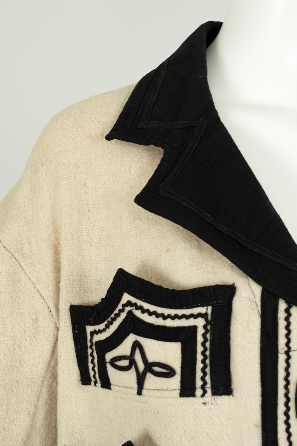 Ivory Wool Guatemalan Bat Jacket with Black Soutache Trim – S - M, 1971 For Sale 2