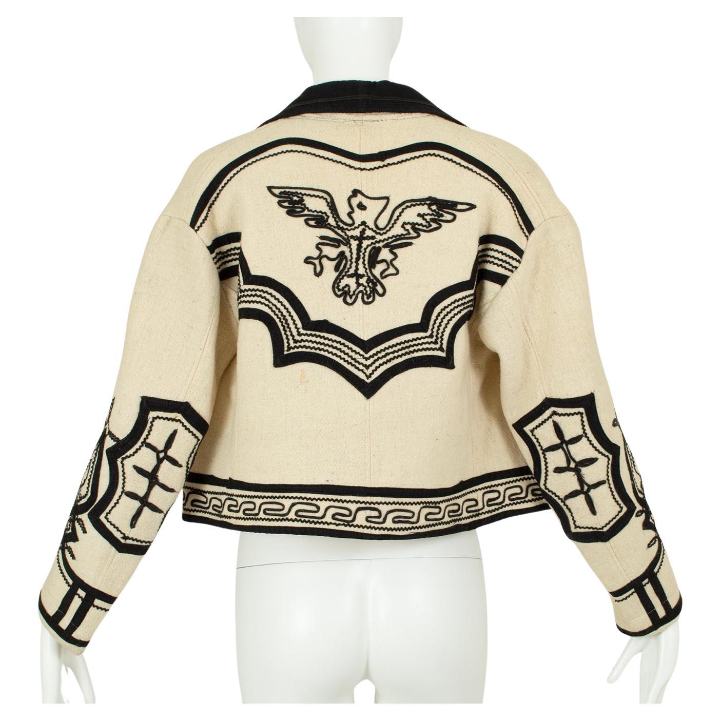 Ivory Wool Guatemalan Bat Jacket with Black Soutache Trim – S - M, 1971 For Sale