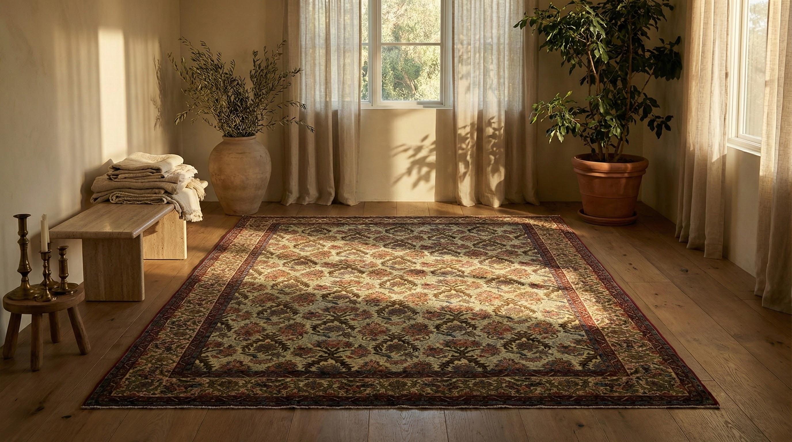 Diese Vintage Persian Qum Teppich misst 7 ft 3 in x 10 ft 0 in (221 x 305 cm) und ist ein ideales Zimmer Größe Auswahl für eine formale Wohnzimmer, primäre Schlafzimmer, oder eine raffinierte Bibliothek / Studie Umwelt. Handgeknüpft in der