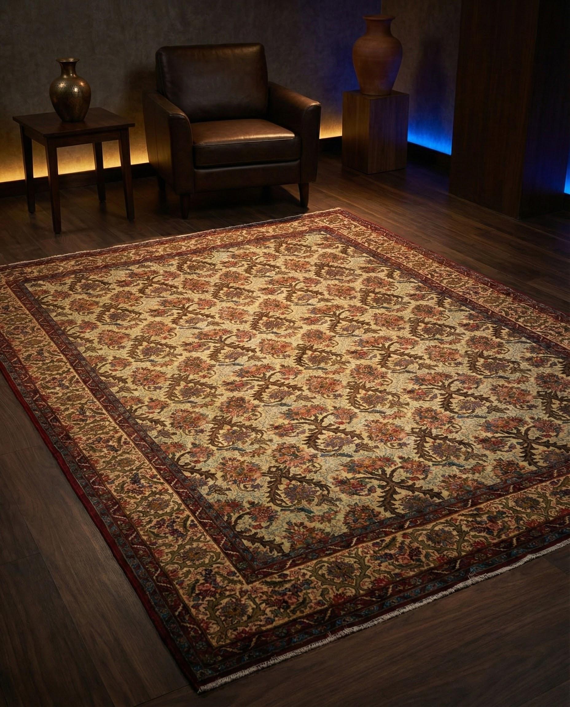 Elfenbeinfarbener handgeknüpfter Wollteppich 7 Fuß x 10 Fuß, Raumgröße für formales Wohnzimmer (Stammeskunst) im Angebot