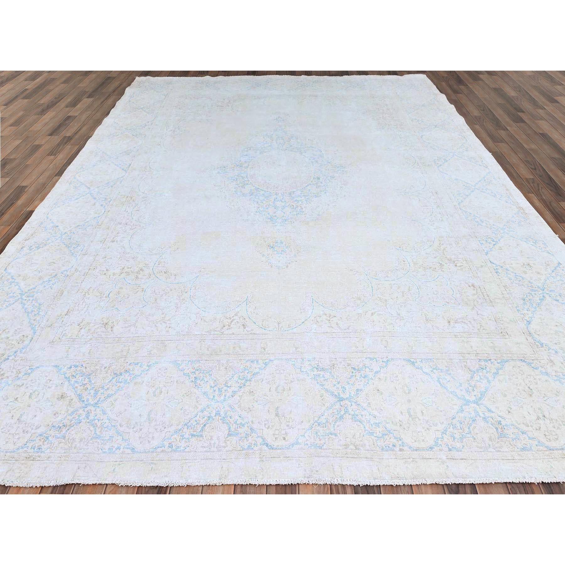 Kirman Ivory Wool Hand Knotted Vintage Persian Kerman Washed Out Even Wear Cleaned Rug For Sale