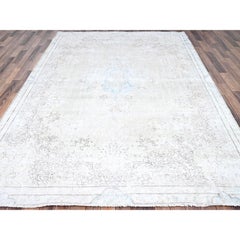 Ivory Wool Hand Knotted Vintage Zoroastrian Karman Washed Out Evenly Worn Rug