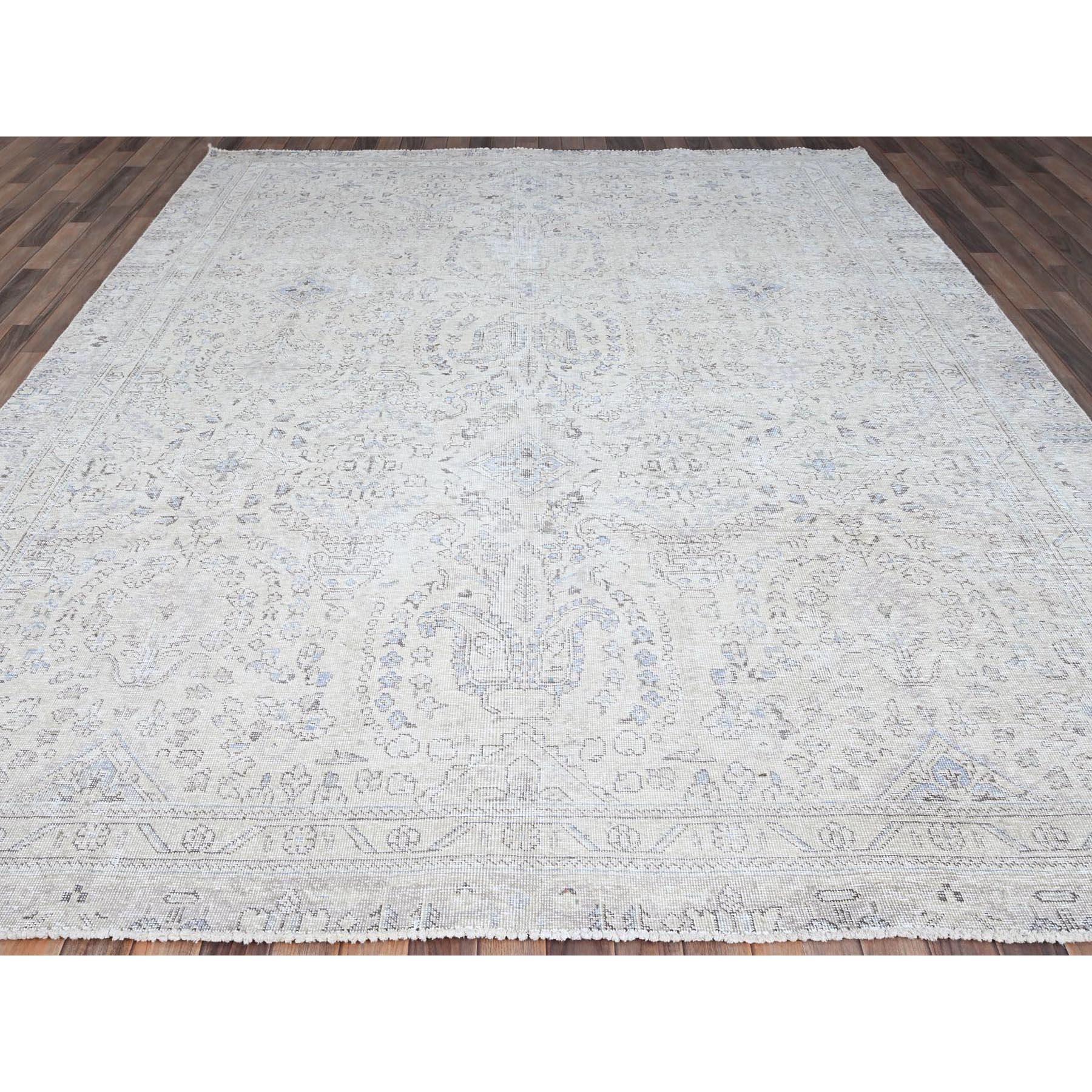 Medieval Ivory Wool Hand Knotted Vintage Persian White Wash Tabriz Clean Worn Down Rug For Sale