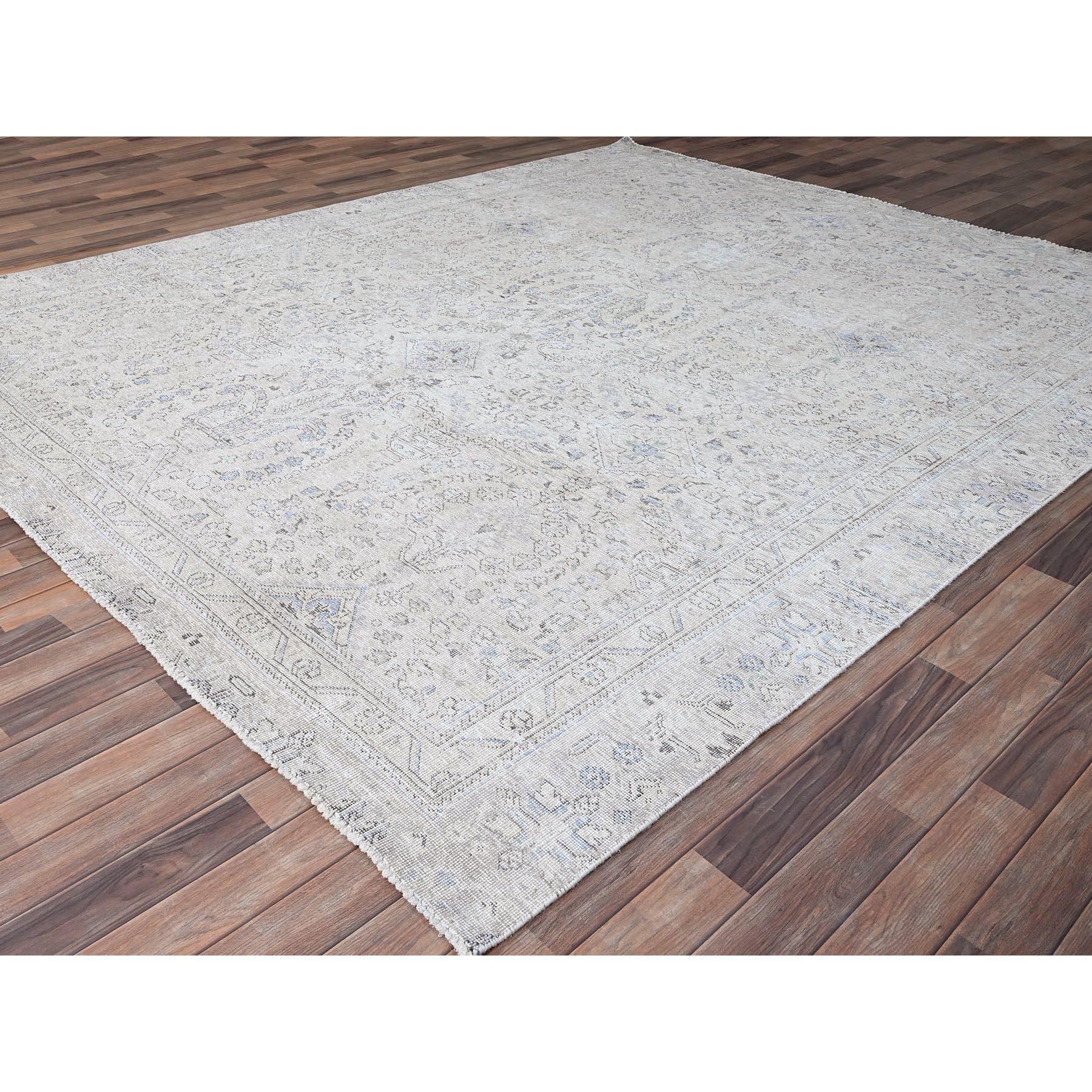 Hand-Knotted Ivory Wool Hand Knotted Vintage Persian White Wash Tabriz Clean Worn Down Rug For Sale