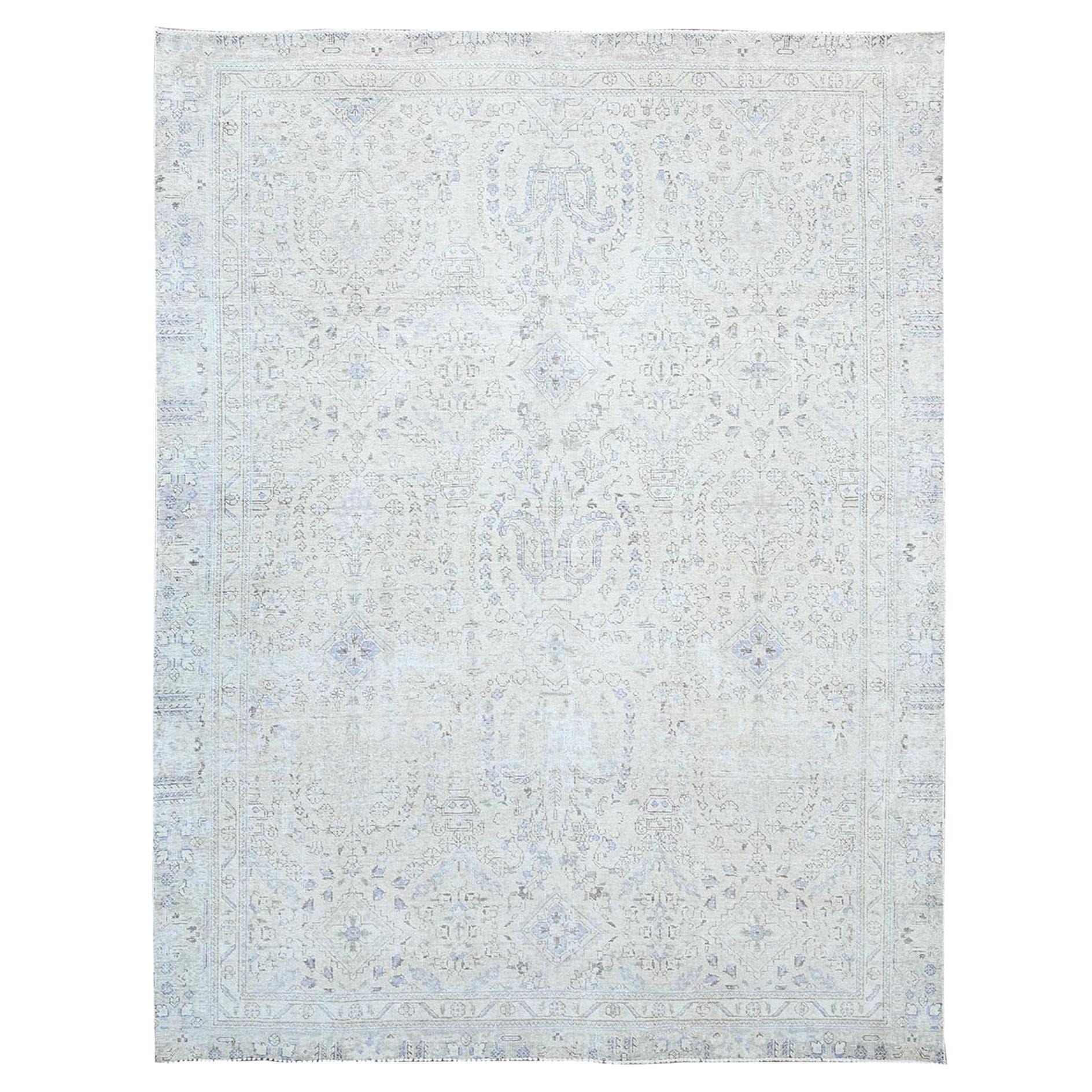 Ivory Wool Hand Knotted Vintage Persian White Wash Tabriz Clean Worn Down Rug
