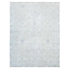 Ivory Wool Hand Knotted Vintage Persian White Wash Tabriz Clean Worn Down Rug