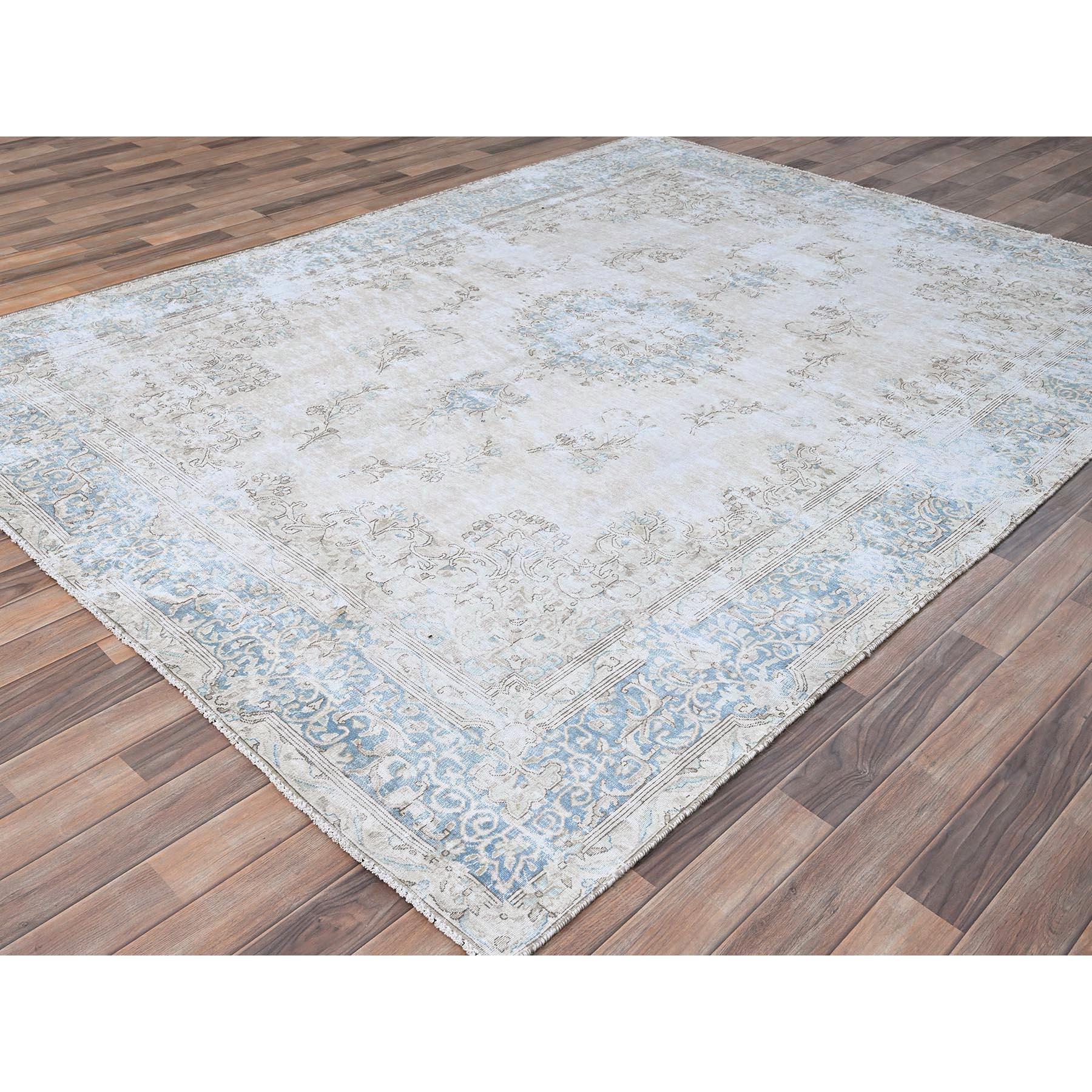 Hand-Knotted Ivory Worn Down Wool Hand Knotted Vintage Persian Kerman Erased Design Clean Rug For Sale
