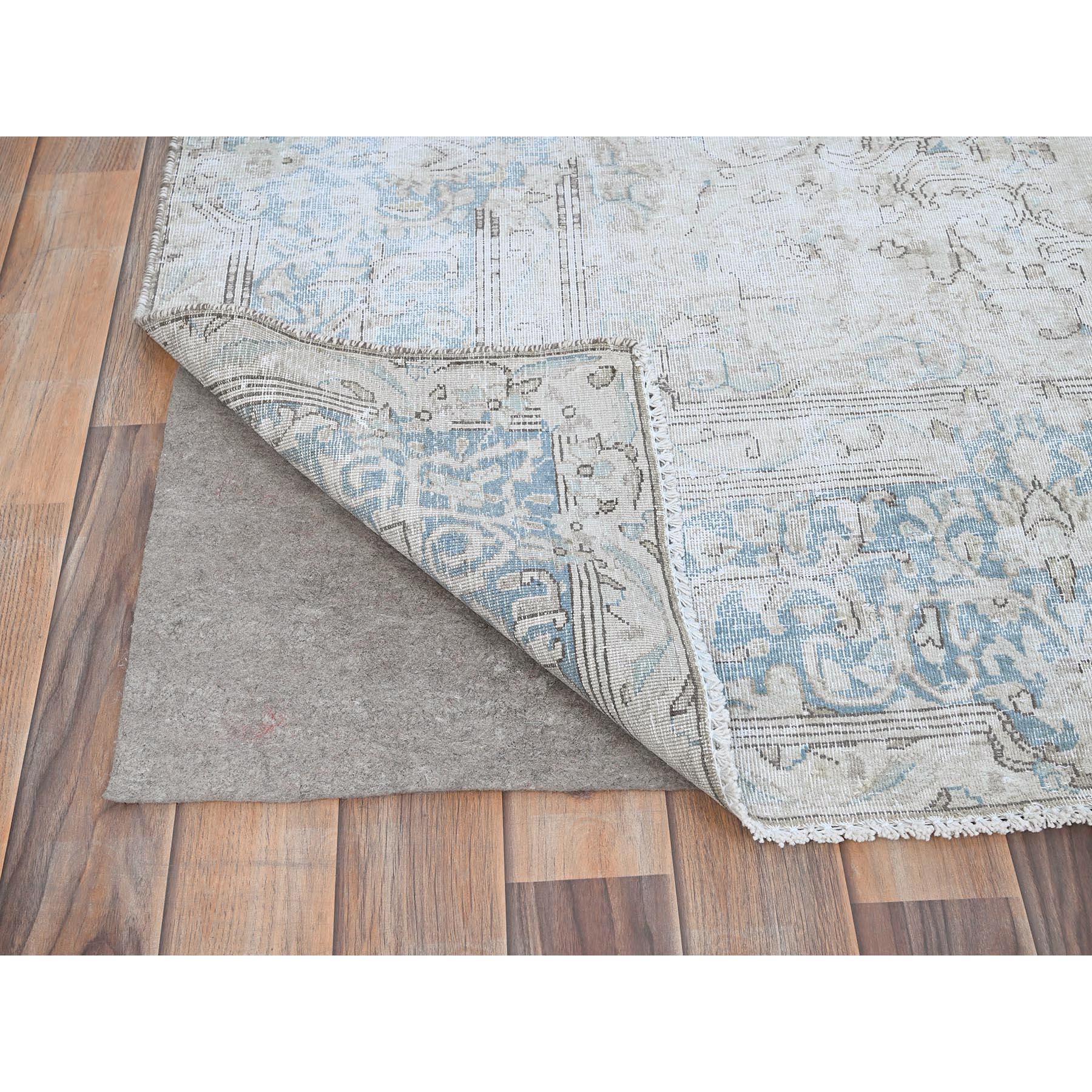 Ivory Worn Down Wool Hand Knotted Vintage Persian Kerman Erased Design Clean Rug In Fair Condition For Sale In Carlstadt, NJ