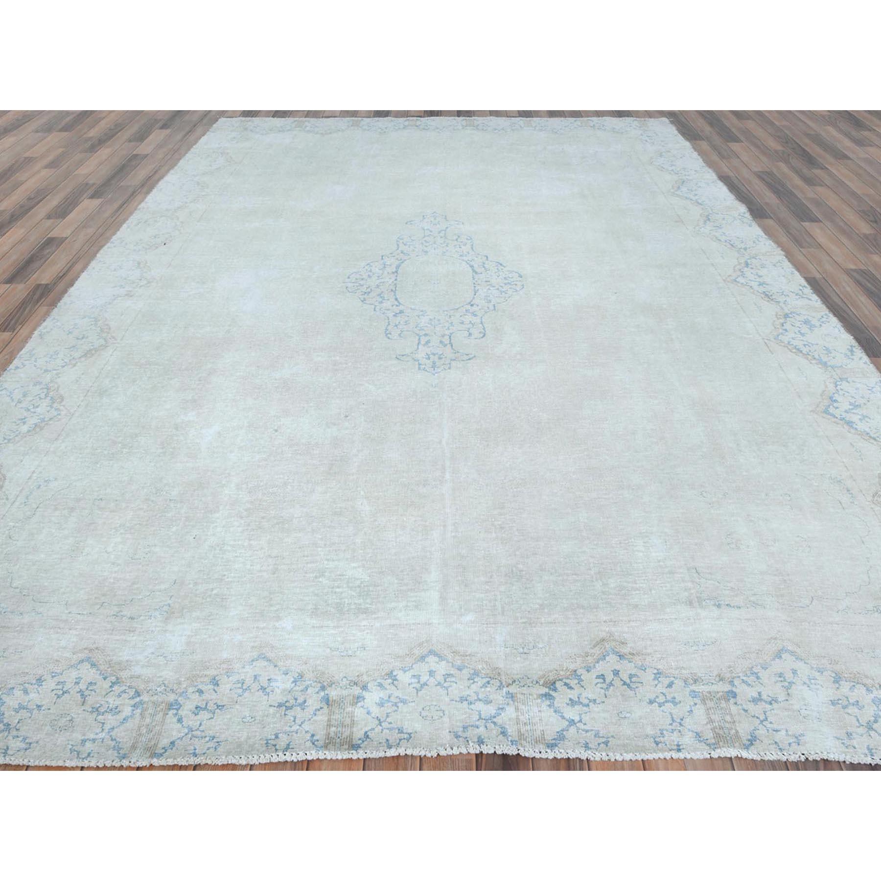 Medieval Ivory Worn Wool Cropped Thin Hand Knotted Distressed Look Old Persian Kerman Rug For Sale
