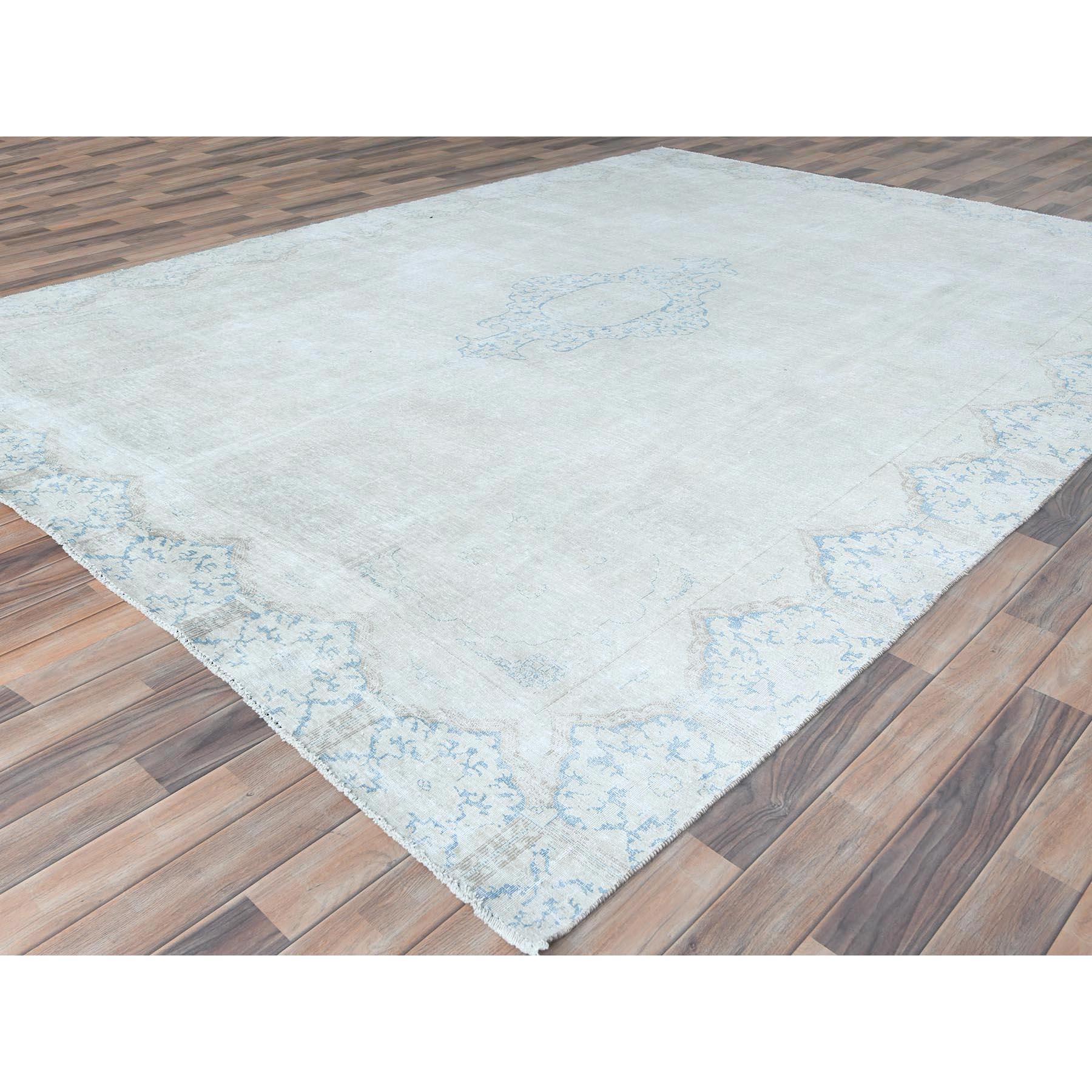 Hand-Knotted Ivory Worn Wool Cropped Thin Hand Knotted Distressed Look Old Persian Kerman Rug For Sale