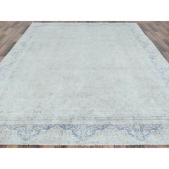 Ivory Worn Down Wool Hand Knotted Distressed Look Vintage Zoroastrian Karman Rug