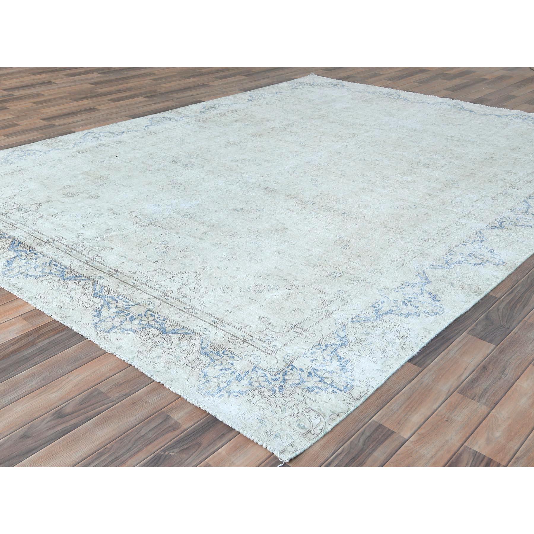 Hand-Knotted Ivory Worn Wool Hand Knotted Distressed Look Vintage Persian Kerman Rug For Sale