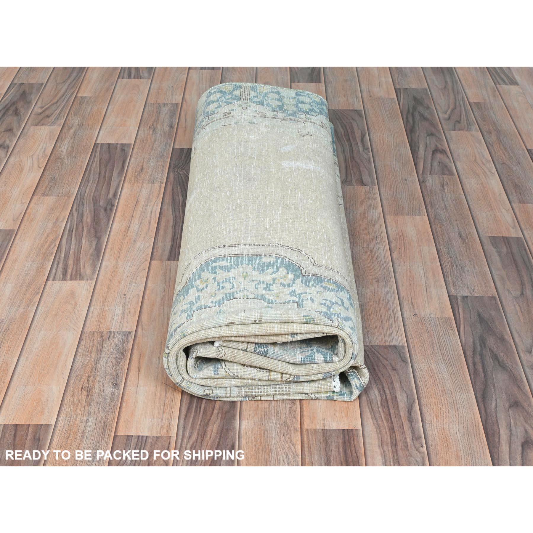 Ivory Worn Wool Hand Knotted Old Persian Kerman Cropped Thin Distressed Look Rug For Sale 4