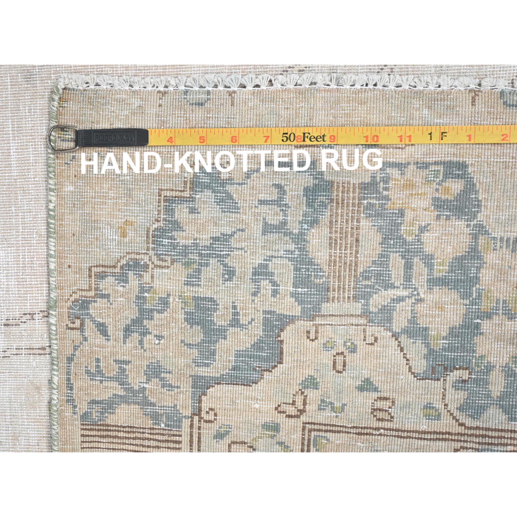 Ivory Worn Wool Hand Knotted Old Persian Kerman Cropped Thin Distressed Look Rug For Sale 6