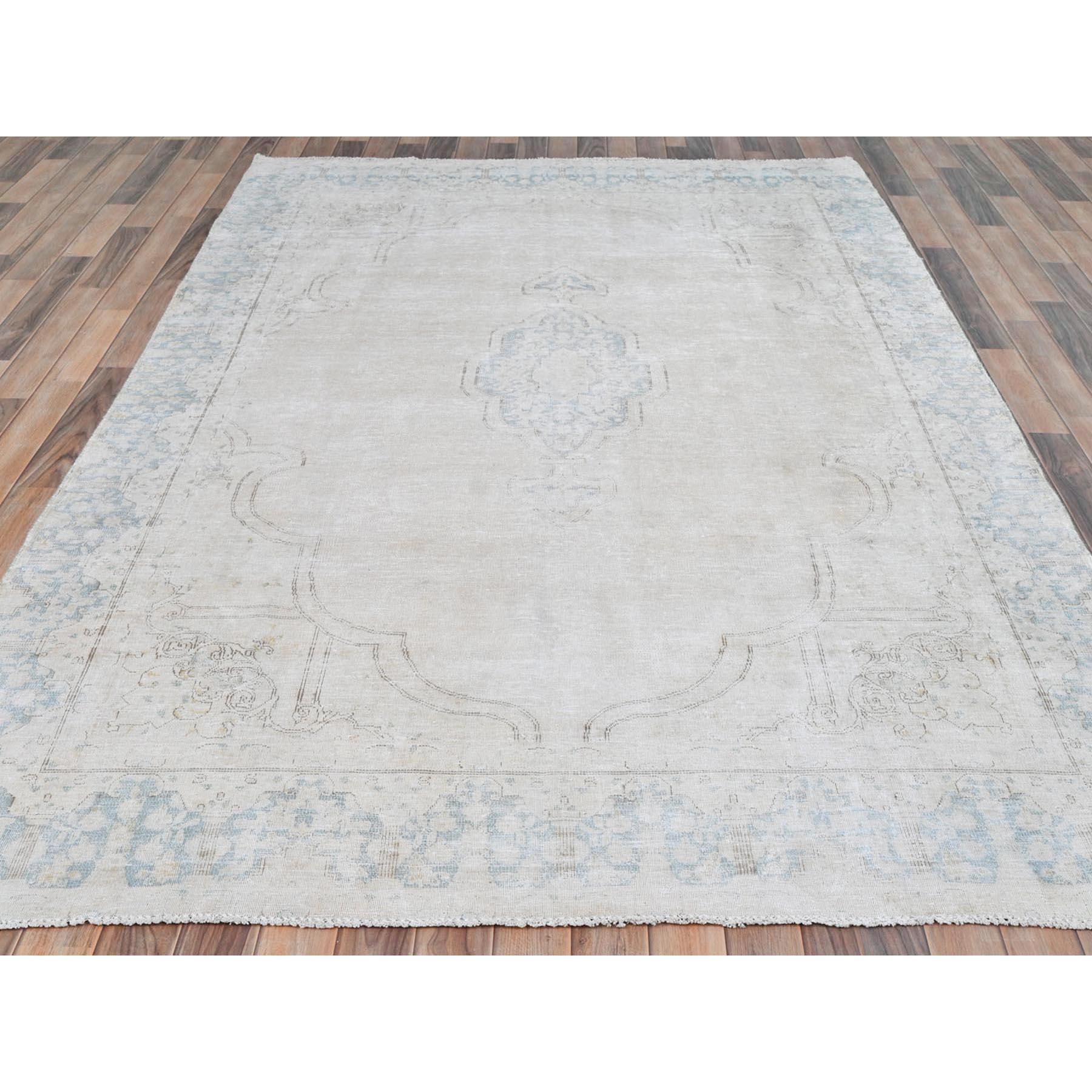 Medieval Ivory Worn Wool Hand Knotted Old Persian Kerman Cropped Thin Distressed Look Rug For Sale