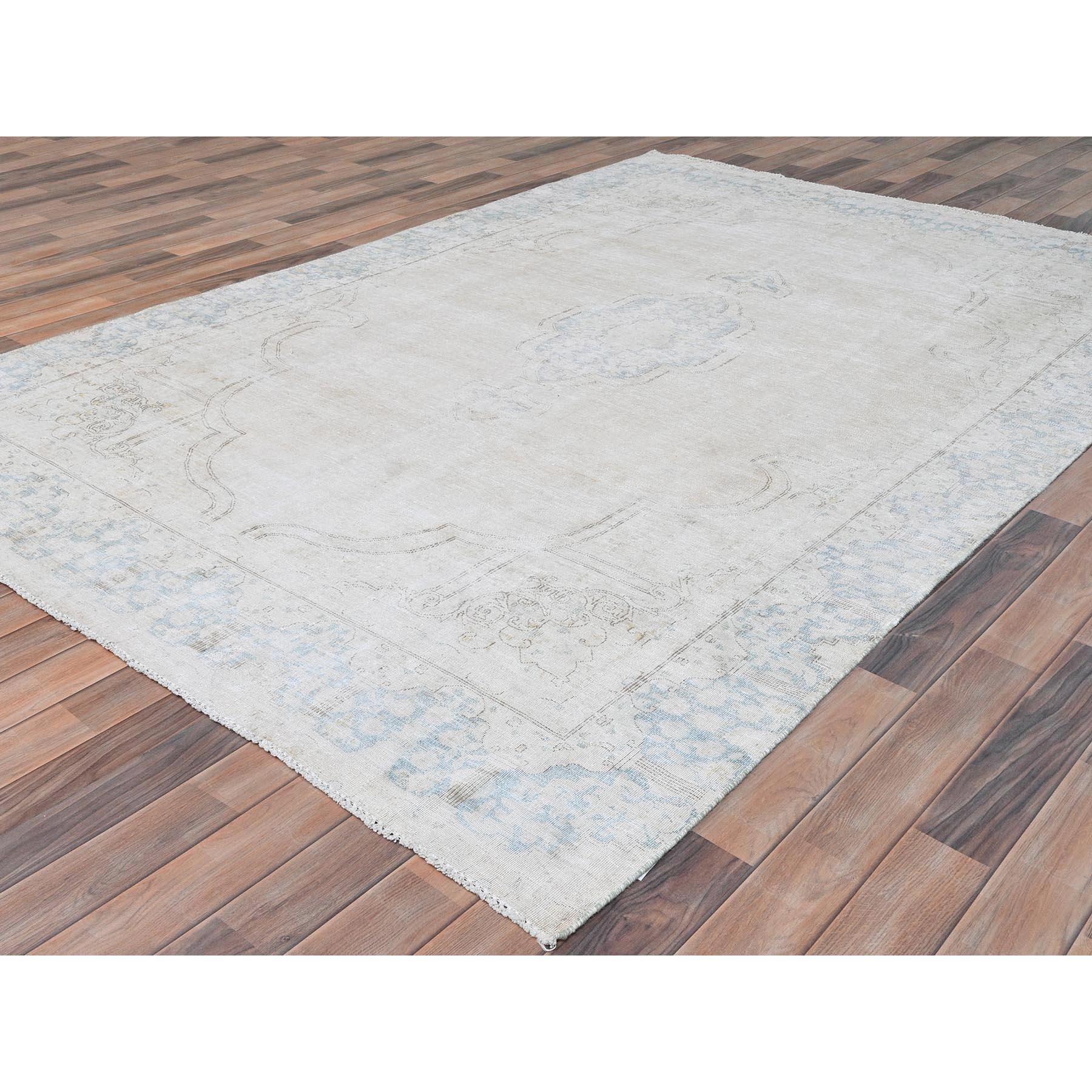 Hand-Knotted Ivory Worn Wool Hand Knotted Old Persian Kerman Cropped Thin Distressed Look Rug For Sale