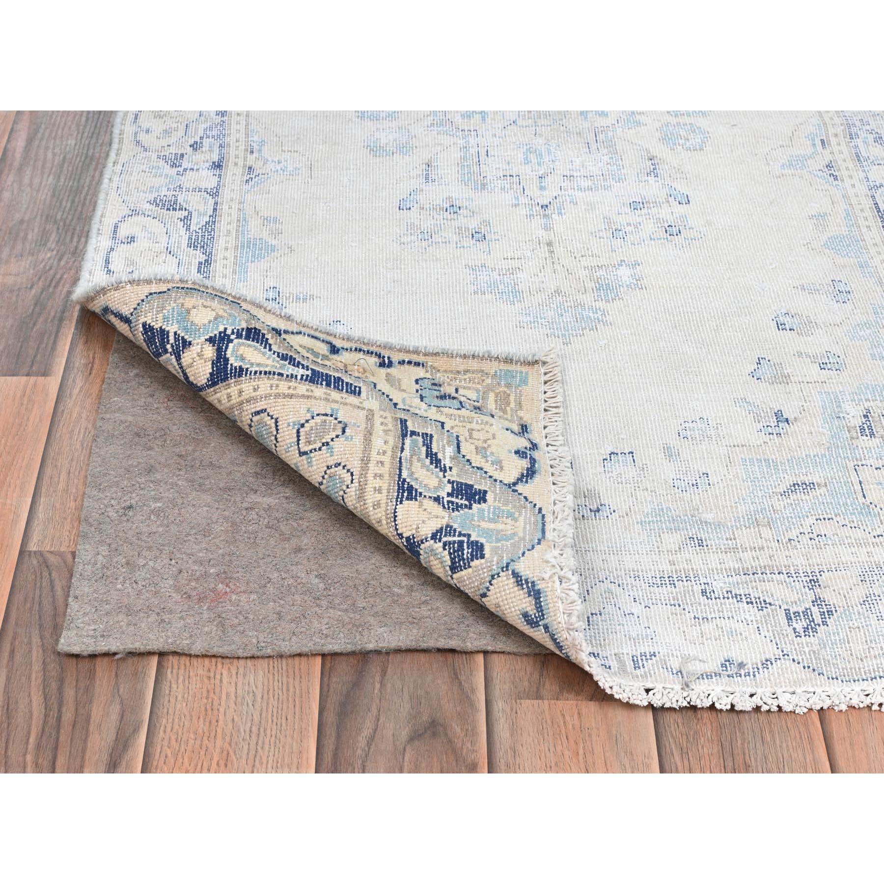 Medieval Ivory Worn Wool Hand Knotted Old Persian Kerman Shabby Chic Distressed Rug For Sale