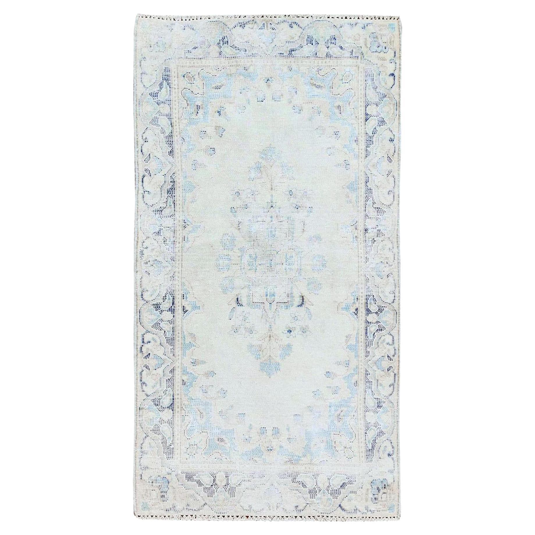 Ivory Worn Wool Hand Knotted Old Persian Kerman Shabby Chic Distressed Rug For Sale