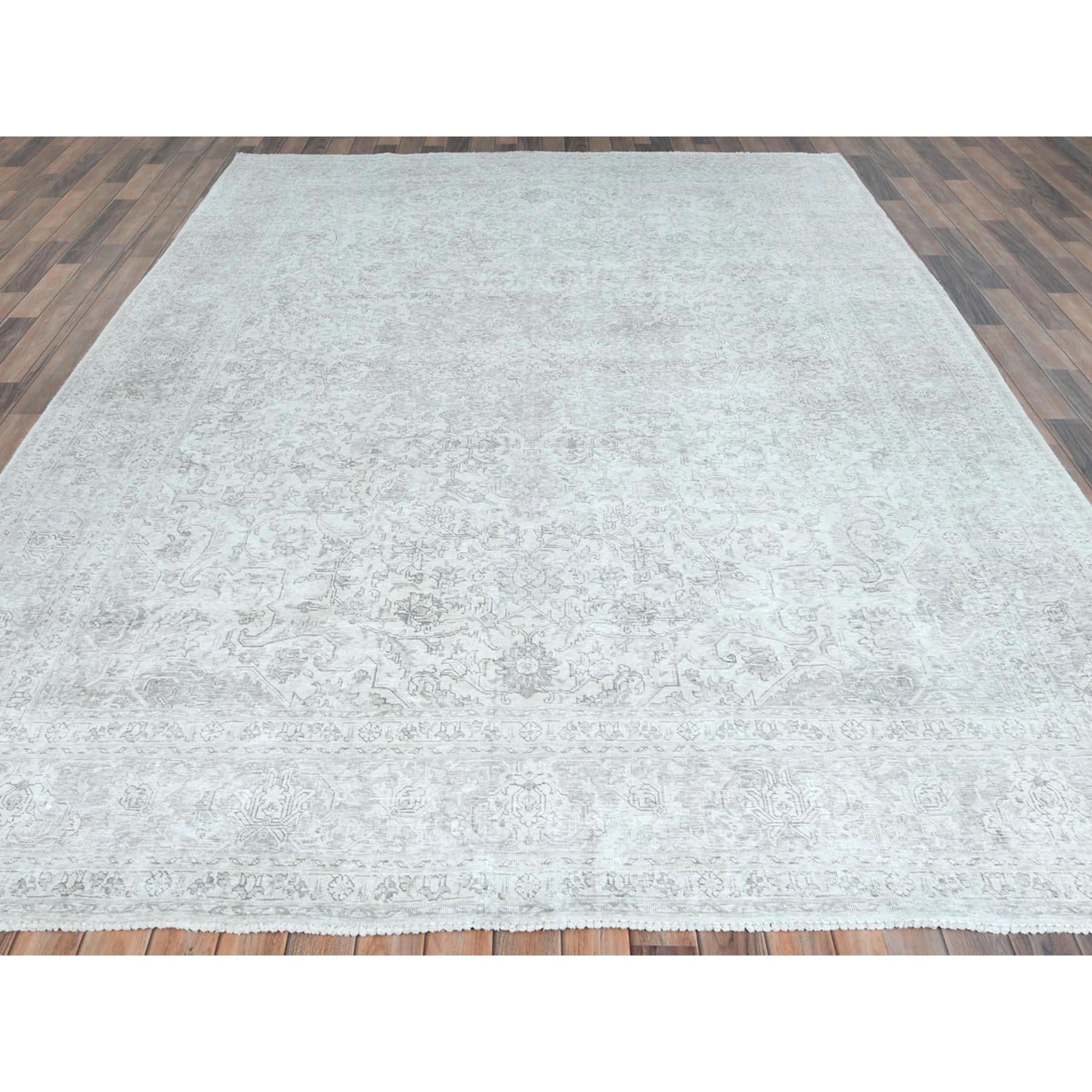 Hand-Knotted Ivory Worn Wool Hand Knotted Vintage Persian Tabriz Cropped Thin Distressed Rug For Sale
