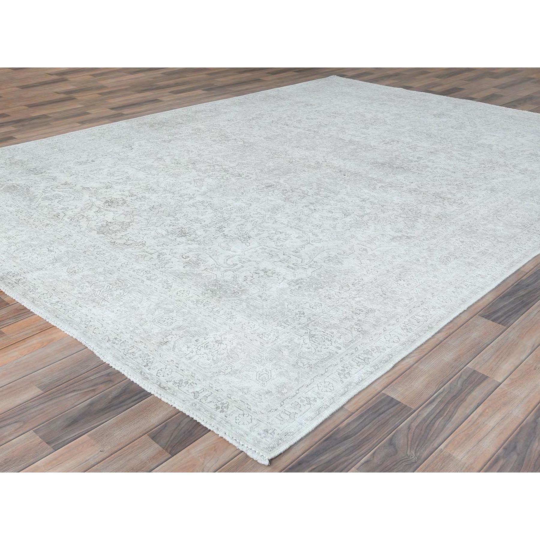 Ivory Worn Wool Hand Knotted Vintage Persian Tabriz Cropped Thin Distressed Rug In Good Condition For Sale In Carlstadt, NJ
