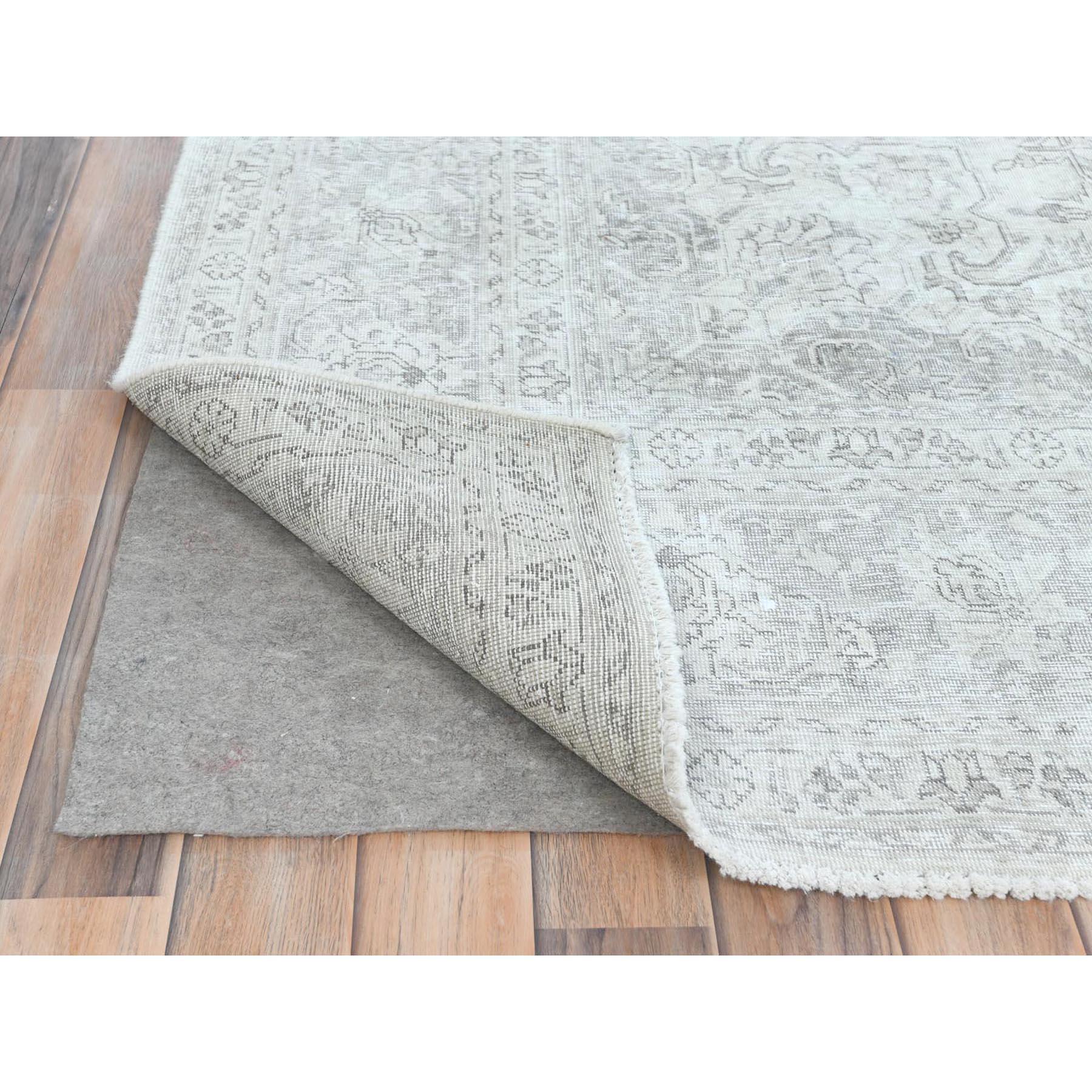 Mid-20th Century Ivory Worn Wool Hand Knotted Vintage Persian Tabriz Cropped Thin Distressed Rug For Sale