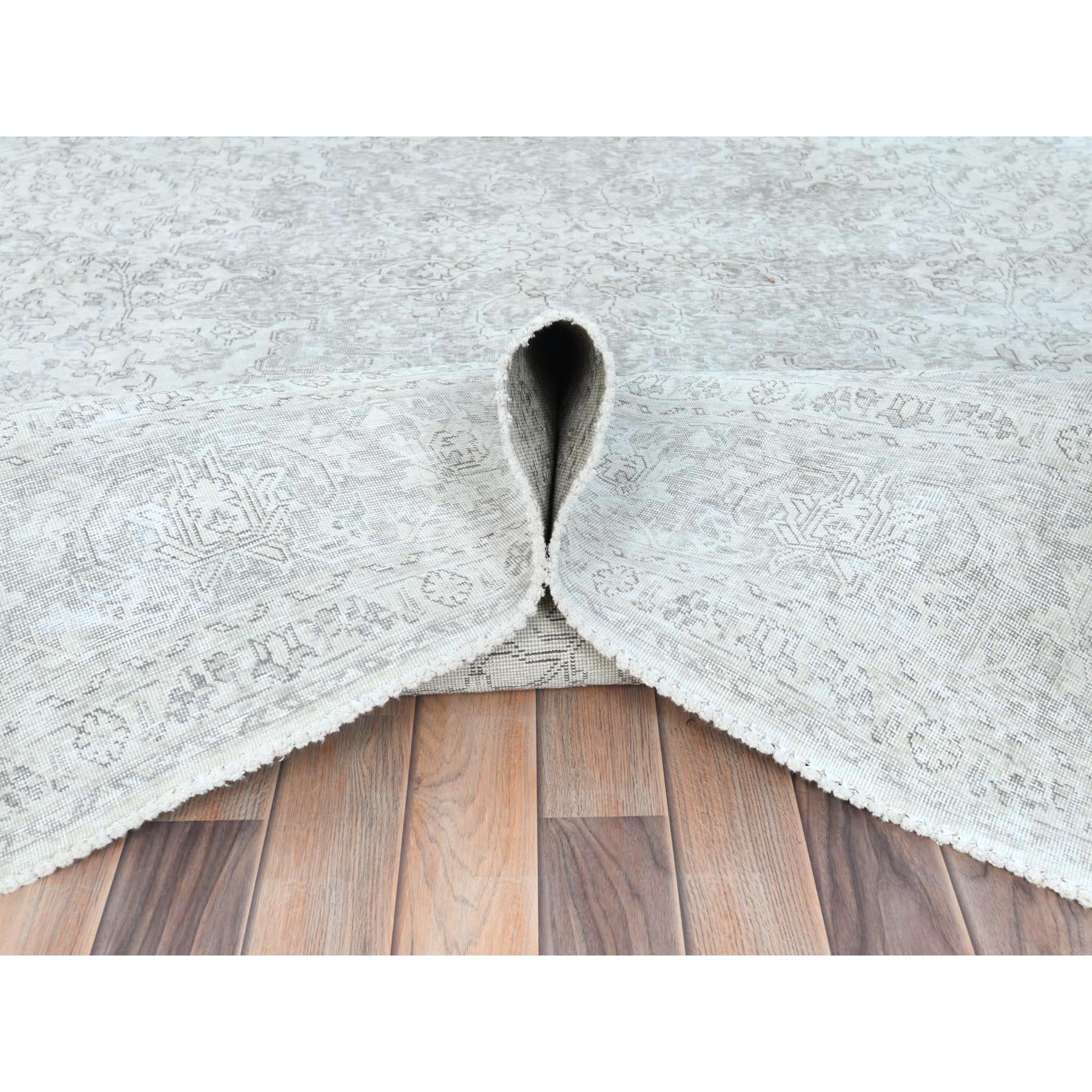 Ivory Worn Wool Hand Knotted Vintage Persian Tabriz Cropped Thin Distressed Rug For Sale 1