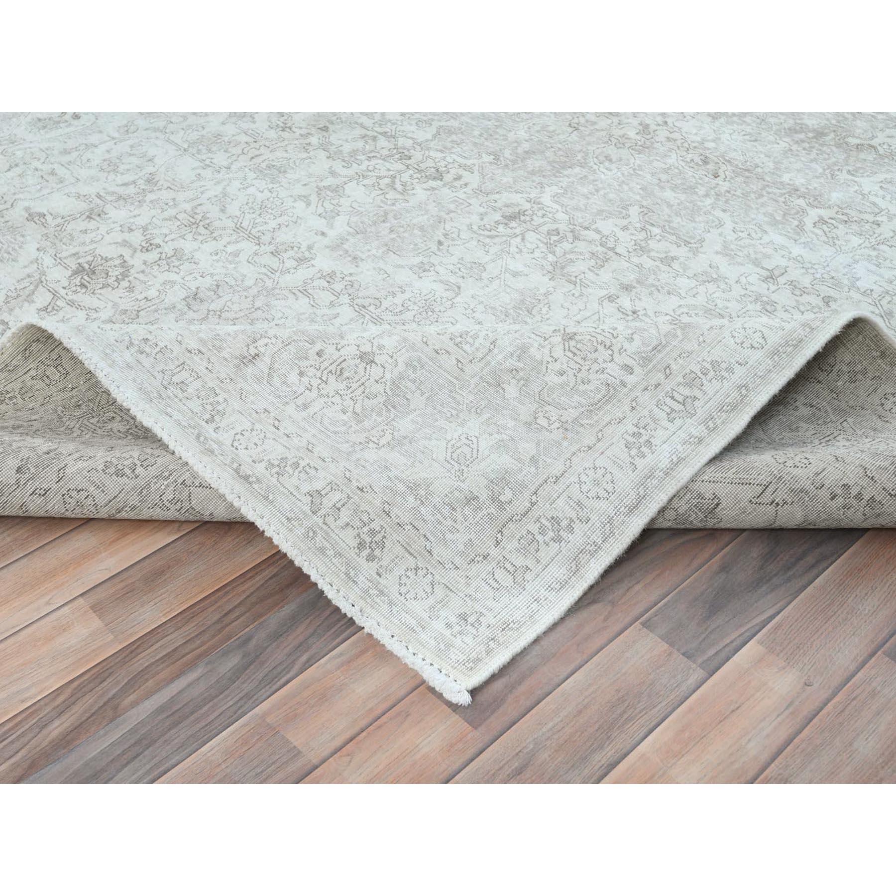 Ivory Worn Wool Hand Knotted Vintage Persian Tabriz Cropped Thin Distressed Rug For Sale 2
