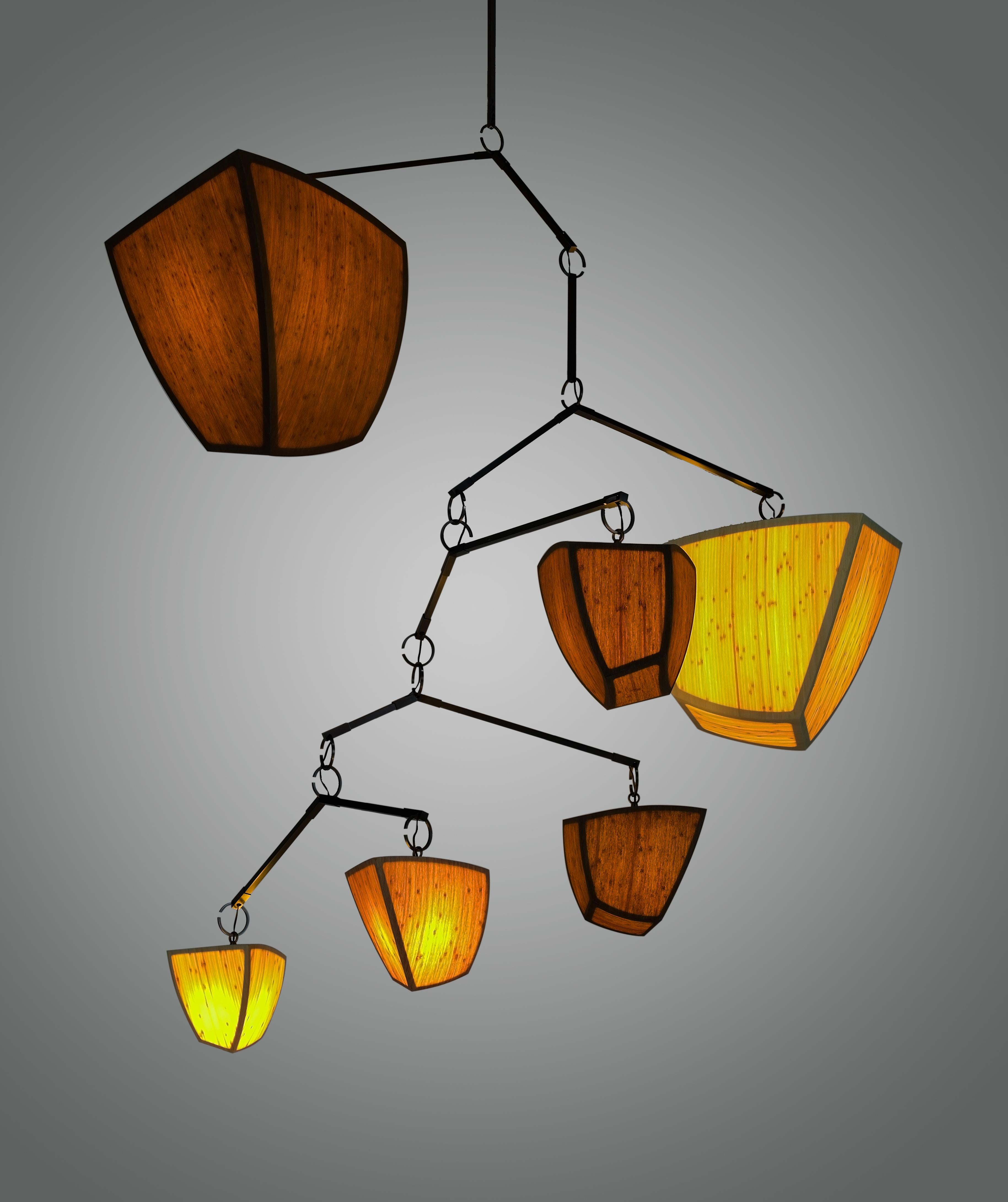Ivy 6: ABCDFG is a mobile chandelier with 6 glowing bamboo polyhedrons, arranged in size order. The Ivy Series is a vertically oriented variation which mimics the shape of Ivy vines.

Our unique handcrafted mobile chandelier can be configured into