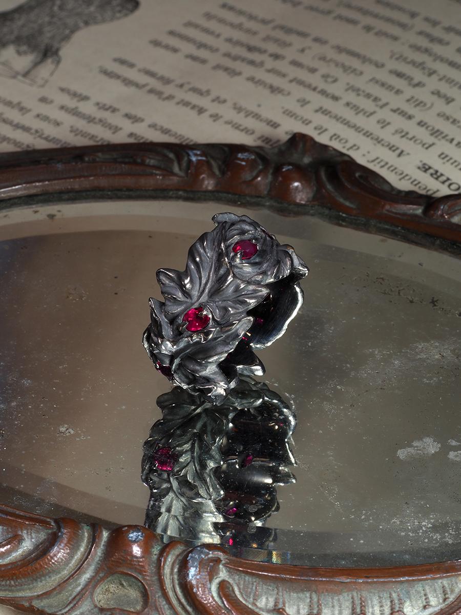 Art Nouveau Ivy Ruby ring black silver Large statement natural Burma rubies