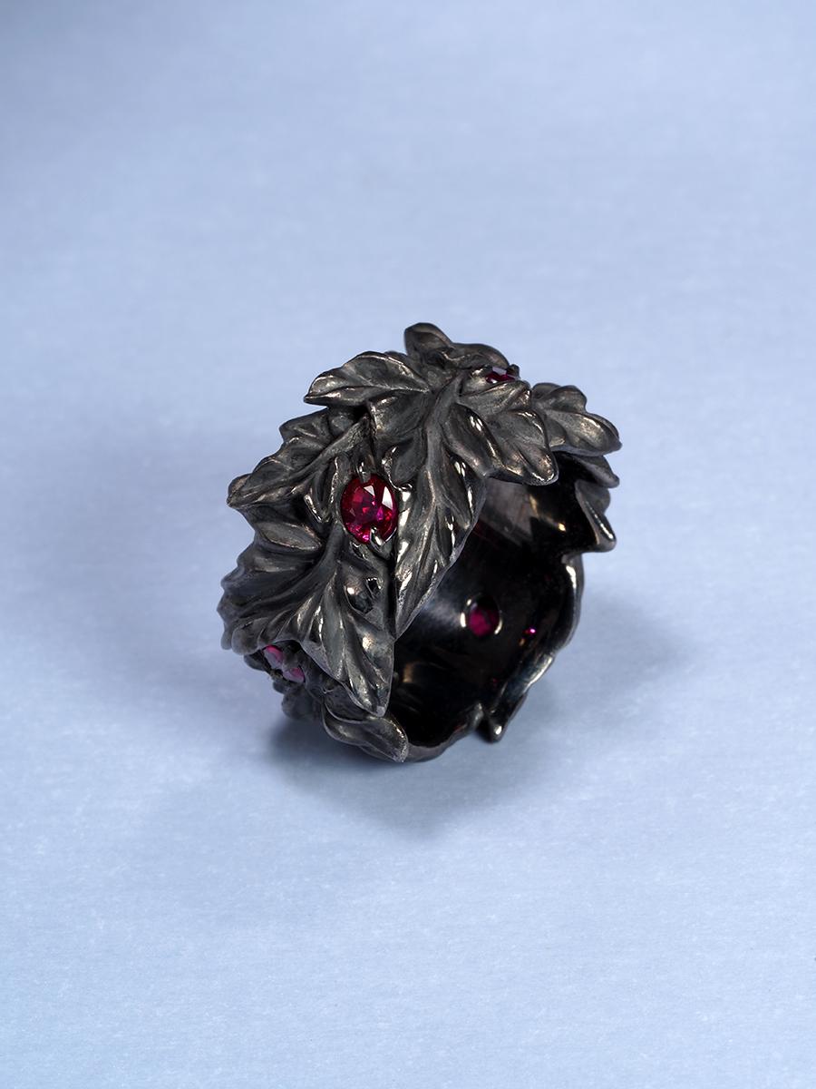 Women's or Men's Ivy Ruby ring black silver Large statement natural Burma rubies