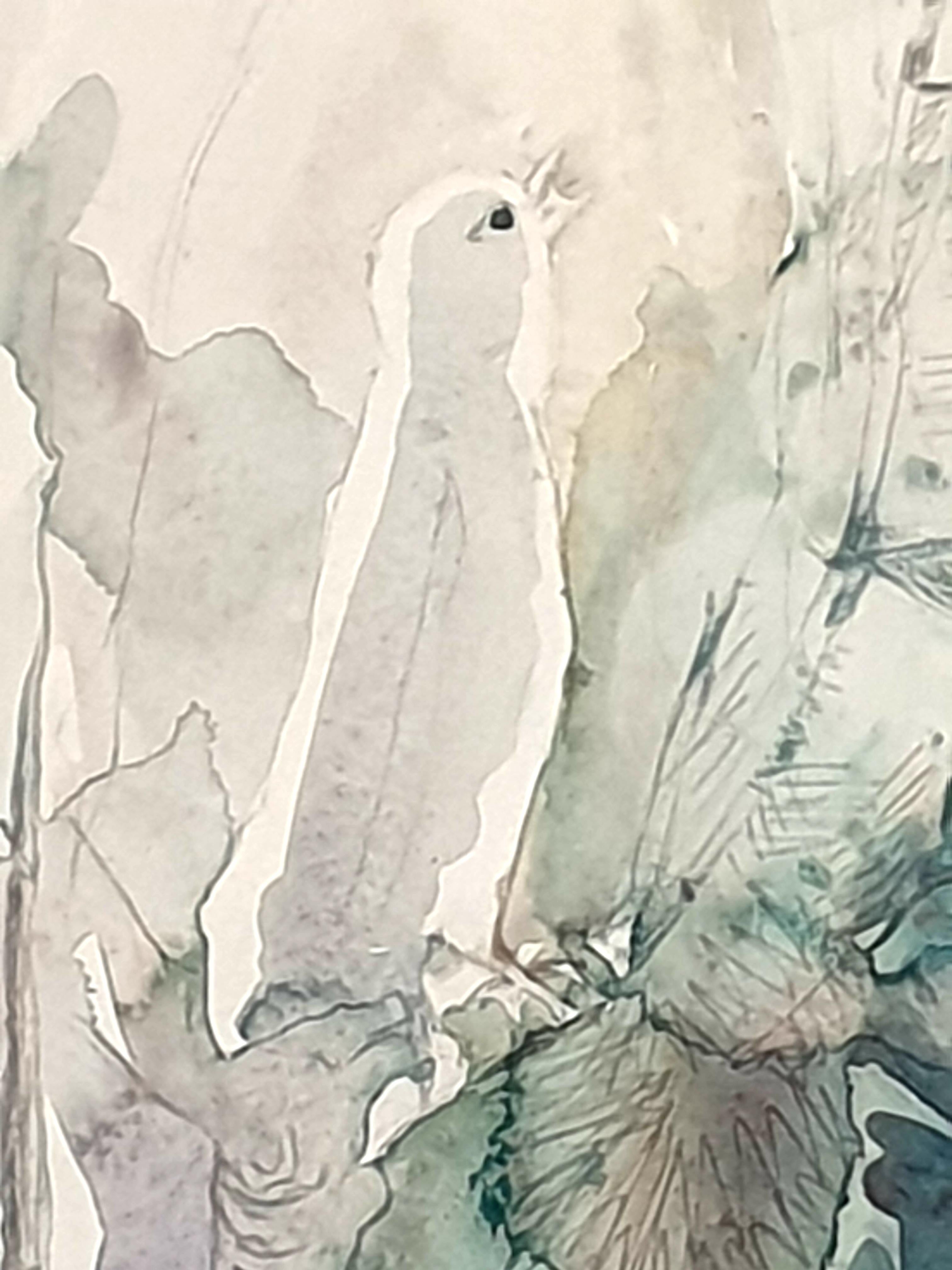 Acquerello su carta di metà secolo raffigurante un uccello canoro. 'Canzoniere effimero' - Animal Painting Beige di Ivy Bailey