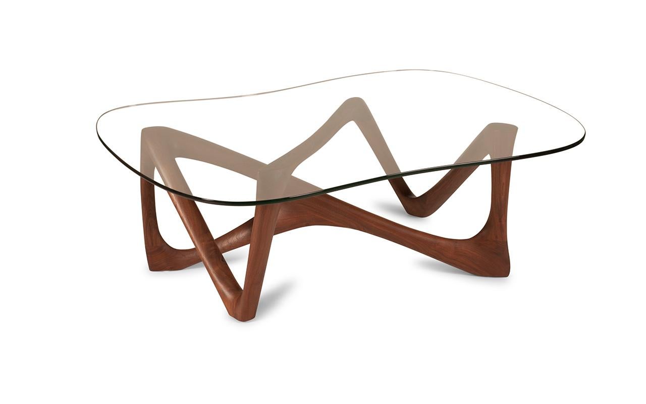 Organic Modern Ivy Modern Coffee Table in Walnut Wood with 1/2 Tempered Glass  For Sale