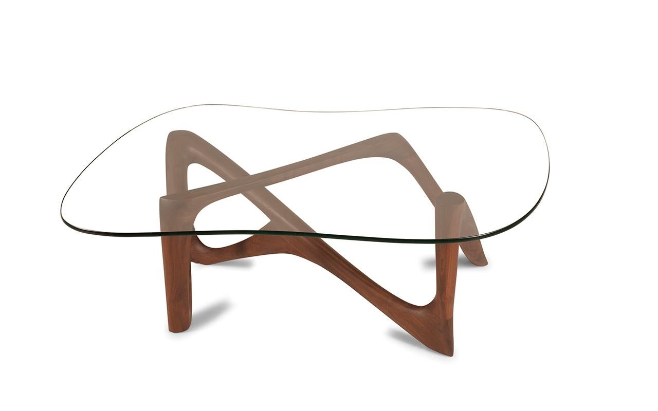 Carved Ivy Modern Coffee Table in Walnut Wood with 1/2 Tempered Glass  For Sale