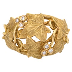 Ivy Leaf Diamond Band Estate 18 Karat Yellow Gold Ring Satin Finish Jewelry
