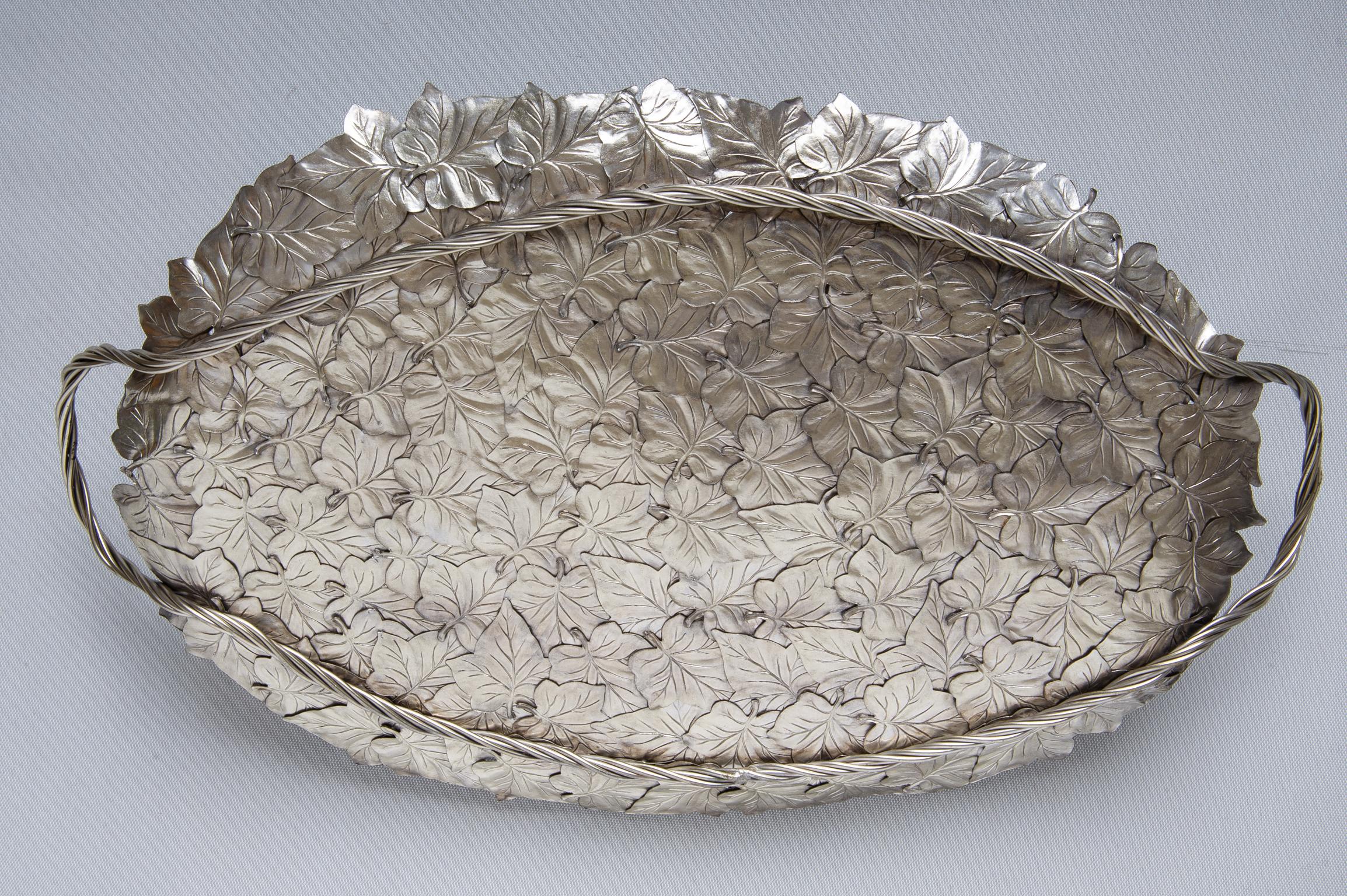 Silvered Ivy Leaves Tray in Silver-Plated Brass For Sale