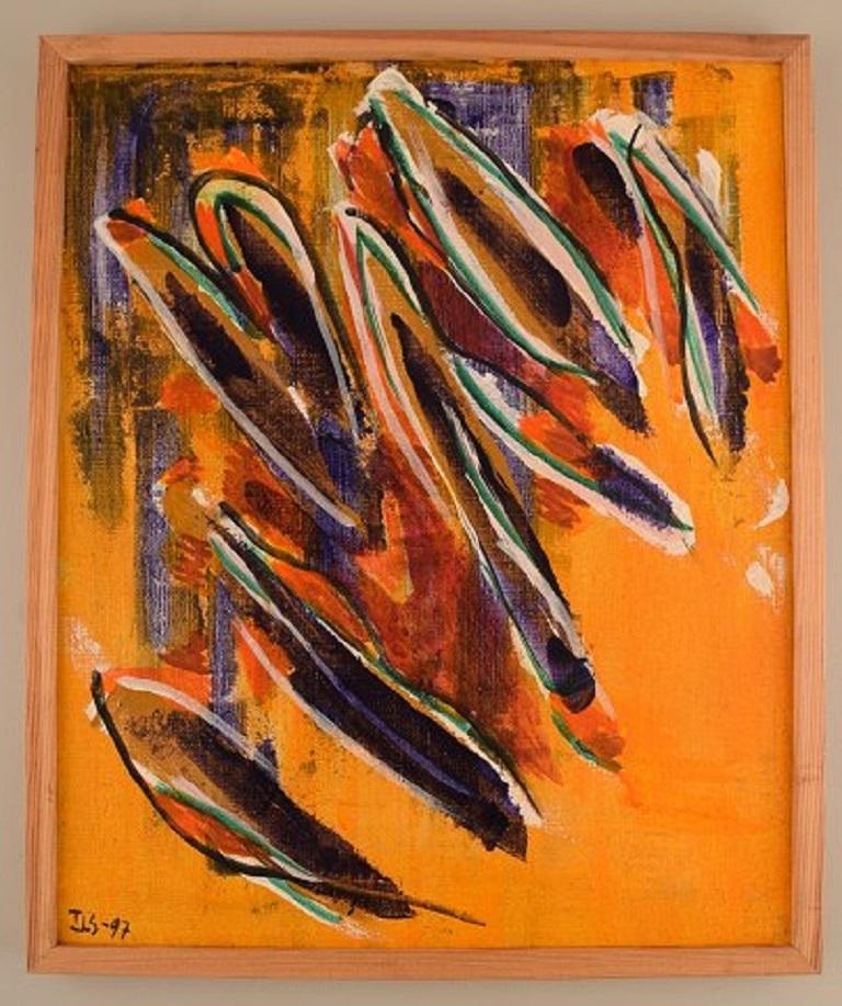 Ivy Lysdal, geboren 1937. Dänischer Keramiker und Maler.
Acryl auf Leinwand.
Abstrakte modernistische Malerei.
Datiert 1997
Unterschrieben.
Maße der Leinwand: 45 x 37 cm.
Maße des Rahmens: 1.5 cm.
Provenienz: Aus dem Atelier des