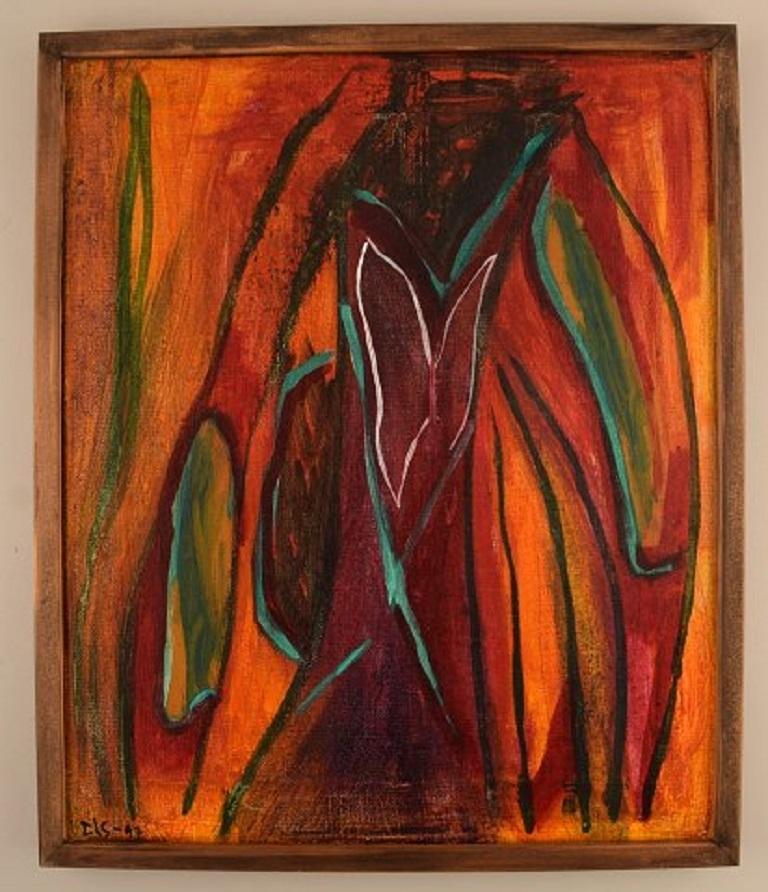 Ivy Lysdal, b 1937. Danish ceramist and painter.
Acrylic on canvas.
Abstract modernist painting.
Dated 1997
Signed.
Canvas measures: 45 x 37 cm.
Frame measures: 1.5 cm.
Provenance: The artist's own studio.

Educated at the Arts & Craft