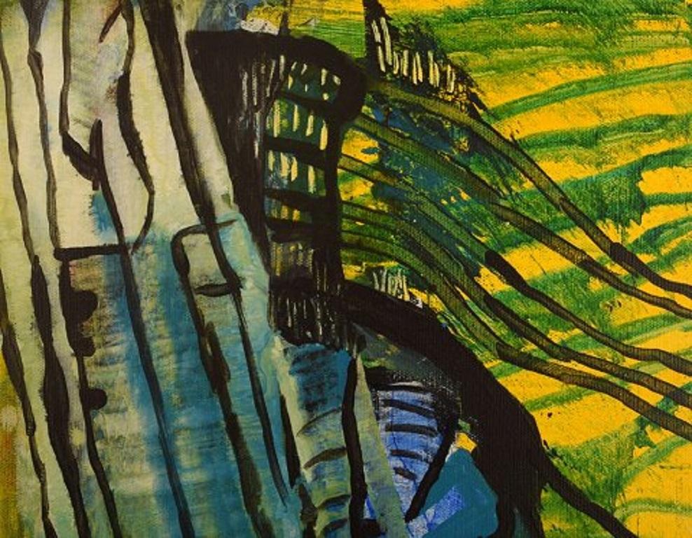 Ivy Lysdal, b 1937. Danish ceramist and painter.
Acrylic on canvas.
Abstract modernist painting. Colorful palette.
Dated 2005
Signed.
Canvas measures: 30 x 30 cm.
Provenance: The artist's own studio.

Educated at The Arts & Craft School in