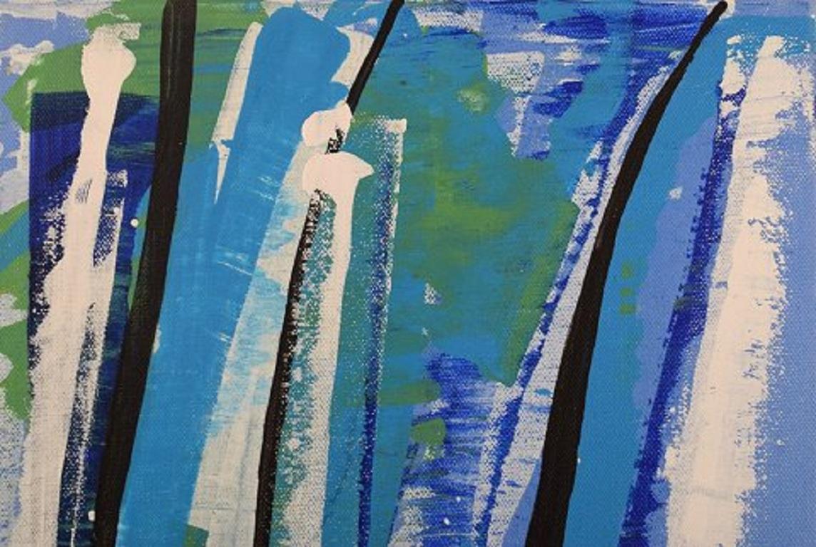 Ivy Lysdal, b 1937. Danish ceramist and painter.
Acrylic on canvas.
Abstract modernist painting. Colorful palette.
Dated 2007
Signed.
Canvas measures: 30 x 30 cm.
Provenance: The artist's own studio.

Educated at The Arts & Craft School in