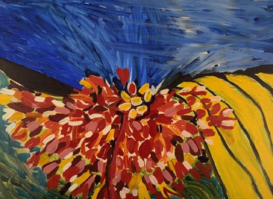 Ivy Lysdal, b 1937. Danish ceramist and painter.
Acrylic on canvas.
Abstract modernist painting. Colorful palette.
Dated 2007.
Signed.
Canvas measures: 60 x 60 cm.
Provenance: The artist's own studio.

Educated at The Arts & Craft School in