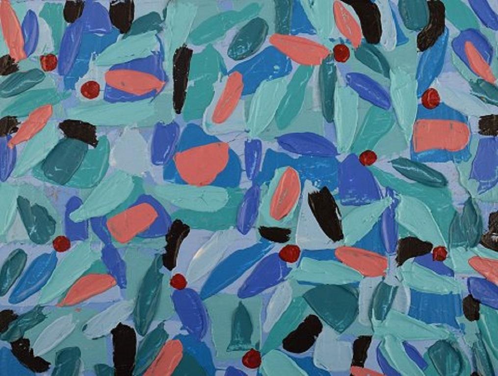 Ivy Lysdal, b 1937. Danish ceramist and painter.
Acrylic on canvas.
Abstract modernist painting. Colorful palette.
Late 20th century.
Canvas measures: 30 x 30 cm.
Provenance: The artist's own studio.

Educated at The Arts and Craft School in